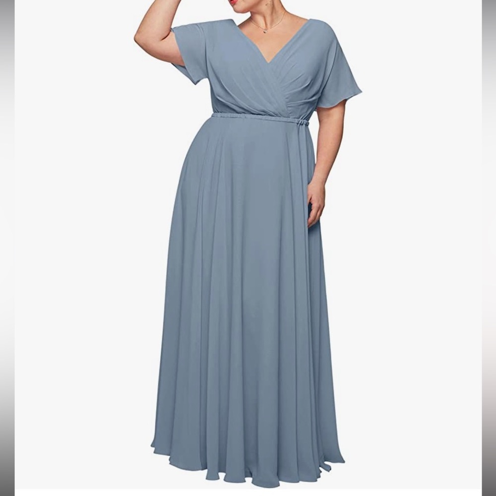 Dusty Blue Wrap Chiffon V-neck chiffon Dress